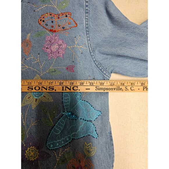 VTG Tantrums Embroidered Floral Denim Jacket Sz L Butterflies 90s Hippie Boho - Picture 14 of 16
